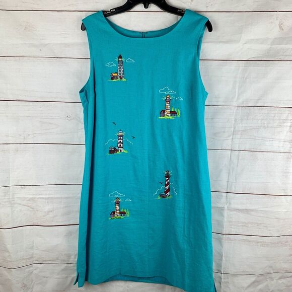 Vintage Dress Linen Embroidered 12 14 XL Lighthouses Nautical Marine Blue Teal - Picture 1 of 16